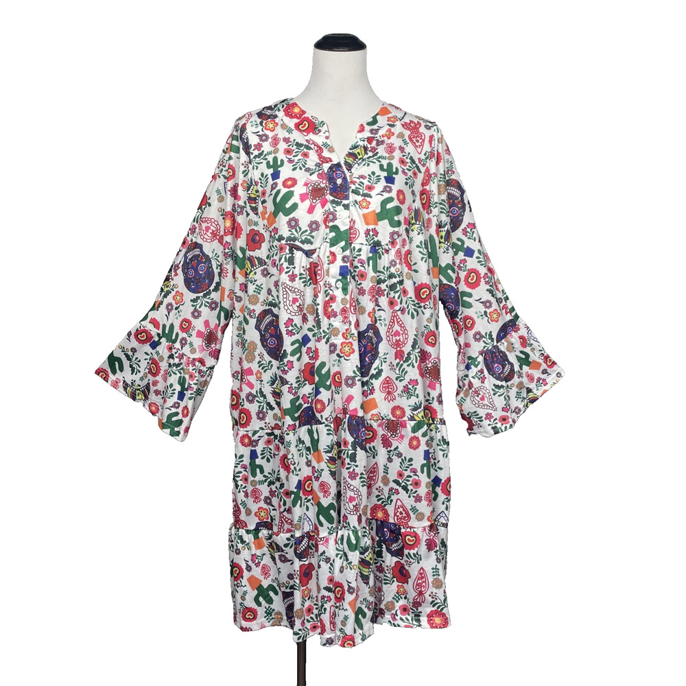 NWT SHEILAY Womens 2XL Boho Floral Cactus Sugar Skull Tunic Dress Bell Sleeve